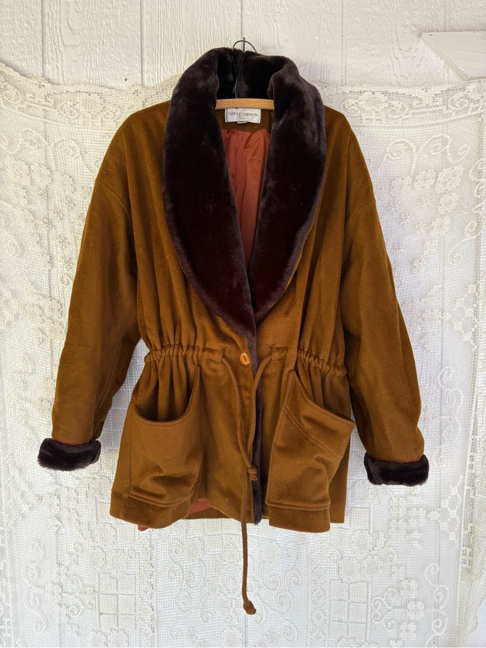 Vintage Brown Faux-Fur Trim Jacket Large